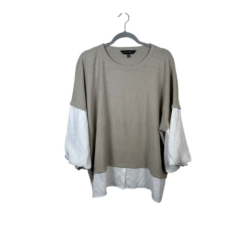 Ming Wang Mixed Media Sweater Womens XL Taupe White Layered Puff Sleeve Top